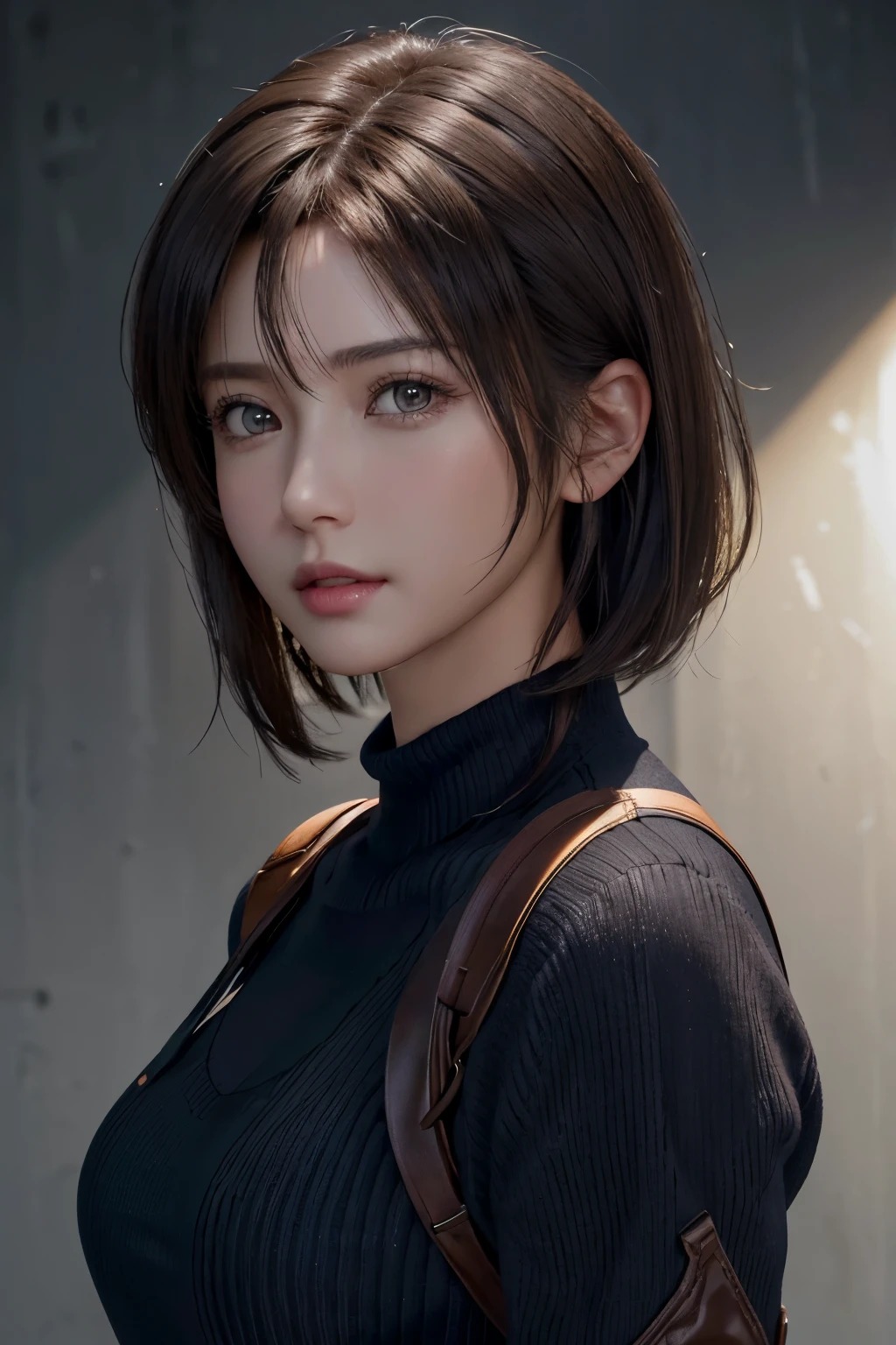 (Representative works: 1.3), (8K, realistic, RAW photo, best image quality: 1.4), (30 year old mature woman),small face, beautiful face, (realistic face),no makeup、natural makeup、light makeup、 (Dark brown, short hair: 1.3), beautiful hairstyle, realistic eyes, detailed and beautiful eyes, (realistic肌), beautiful skin, (sweater),、Bust A cup、 confused, charm, 超High resolution, Super realistic, High resolution, golden ratio, ff tifa、gray background、