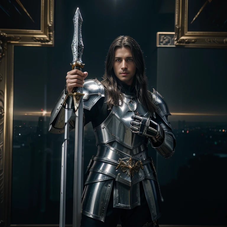 (masterpiece, best quality), A paladin holding a light infused sword, light magic, divine, magewave, silver and gold, 4k, dark cityscape, Fujifilm