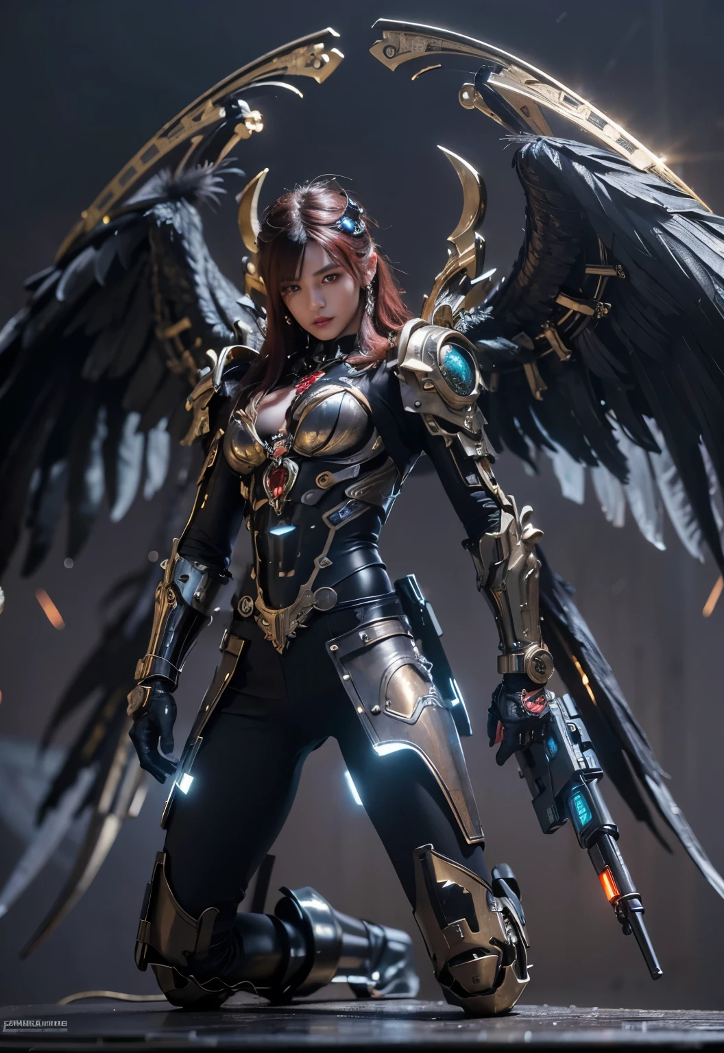 (top-quality:1.2, masterpiece)、ultra high resolution、extremely ultra surrealism, (Photorealsitic:1.4)、Raw photo、Steampunk Battle Cyborg fallen angel、large wings made of metal、black porcelain body、red hair、glowy skin、1 Cyborg boy、japanese, extremely handsome face, ((super realistic details))、portrait、globalillumination、Shadow、octan render、8K、ultrasharp、character edge light、Details of complex ornaments、Acrylic Clear Cover、Sumerian details、Ultra-realistic and precise machine details, Hydraulic cylinder、Small LED lamp、highly intricate detail、Realistic light、a purple eye、radiant eyes、Facing the camera、neon details、cowboy shot、Futuristic headgear、About Cyberpunk