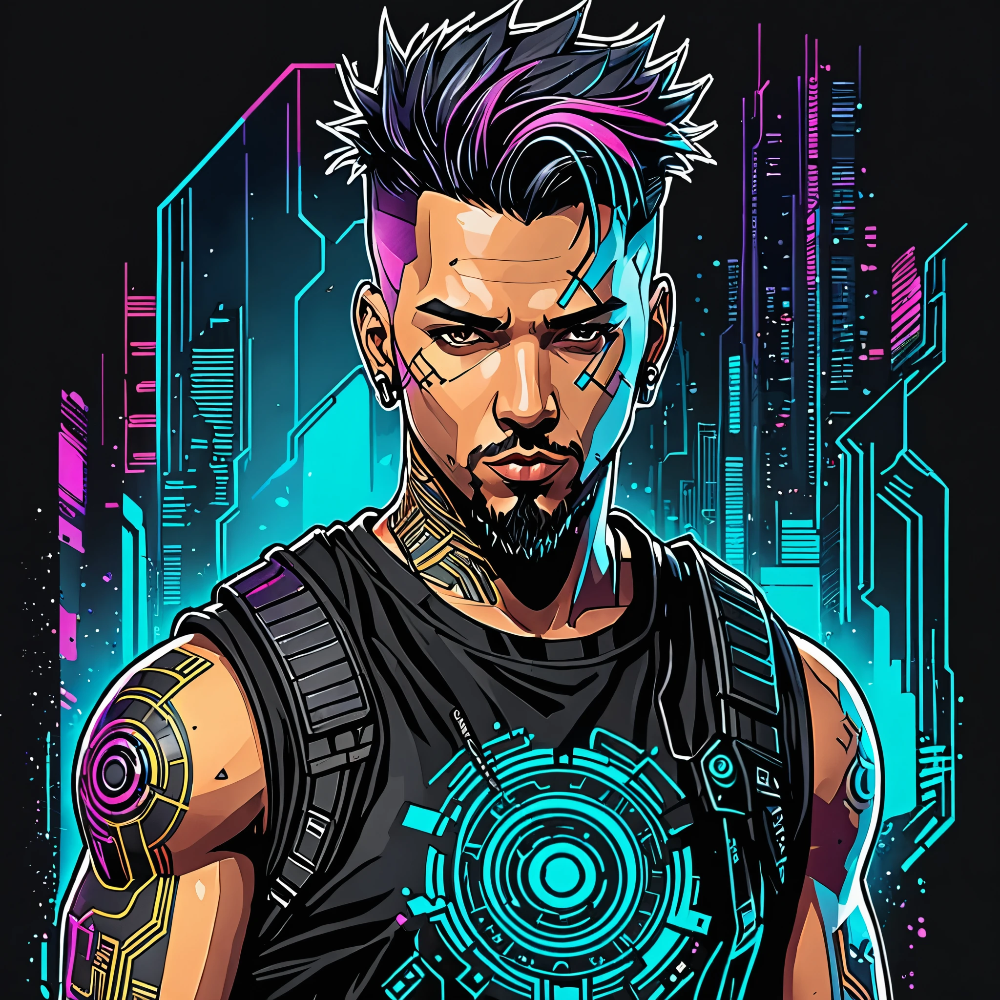 Estampa pra camiseta, vetor flet 2D, ultra detalhado, ultra SVG, aquarela ,fundo preto,1 homem cyberpunk 