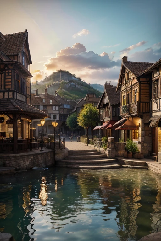 setting Daytime Sunny slight overcast :A fantasy village town square set in a settlement, The centerpiece of the square is a magnificent fountain surrounded by cobblestone pathways. The whole scene is reminiscent of a fairy tale setting.

(best quality,4k,8k,highres,masterpiece:1.2),ultra-detailed,(realistic,photorealistic,photo-realistic:1.37), HDR, UHD, studio lighting, ultra-fine painting, sharp focus, physically-based rendering, extreme detail description, professional, vivid colors, bokeh, portraits, landscape, photography, concept artists, vibrant colors, warm tones, soft and diffused lighting.