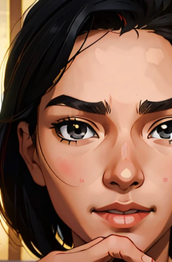 Solo, jewish girl, cascina caradonna, 1girl, (very curly open wild dark brown hair), wide seductive lips, smirking, skin, larger nose, high detailed face, 4k , camletoe, (small breasts, straight waist,wide hip, slightly chubby body,inflated legs,thick thighs,(detailed face)), 4k, look at camera, highly detailed face, ((showering in brightly lit yellow tiled bathroom)), ((one-piece swimsuit)), ((((((((close-up of face))))))), ((super extremly exaggerated wide-open-mouth-grin, squinting, red cheeks, left eye closed))