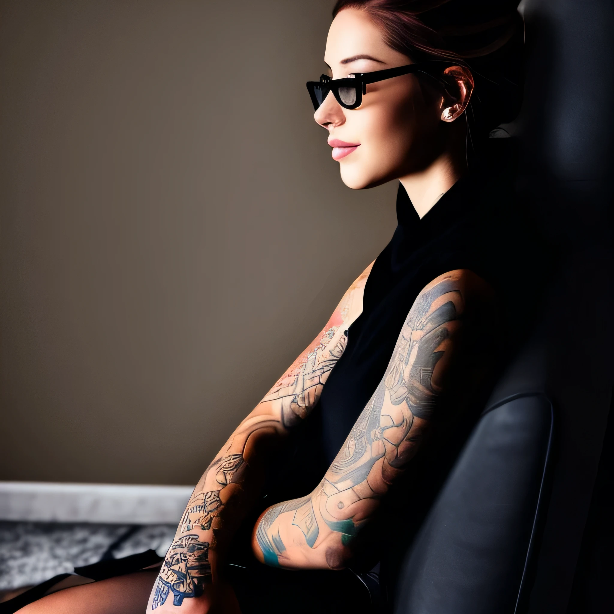 realistic image, Laurence Bedard, perfect image, sitting on a couch, looking away, shy, smiling, with a tattoo on her shoulder, wearing only a coloured mini skirt, full body tattoo, coffee shop,