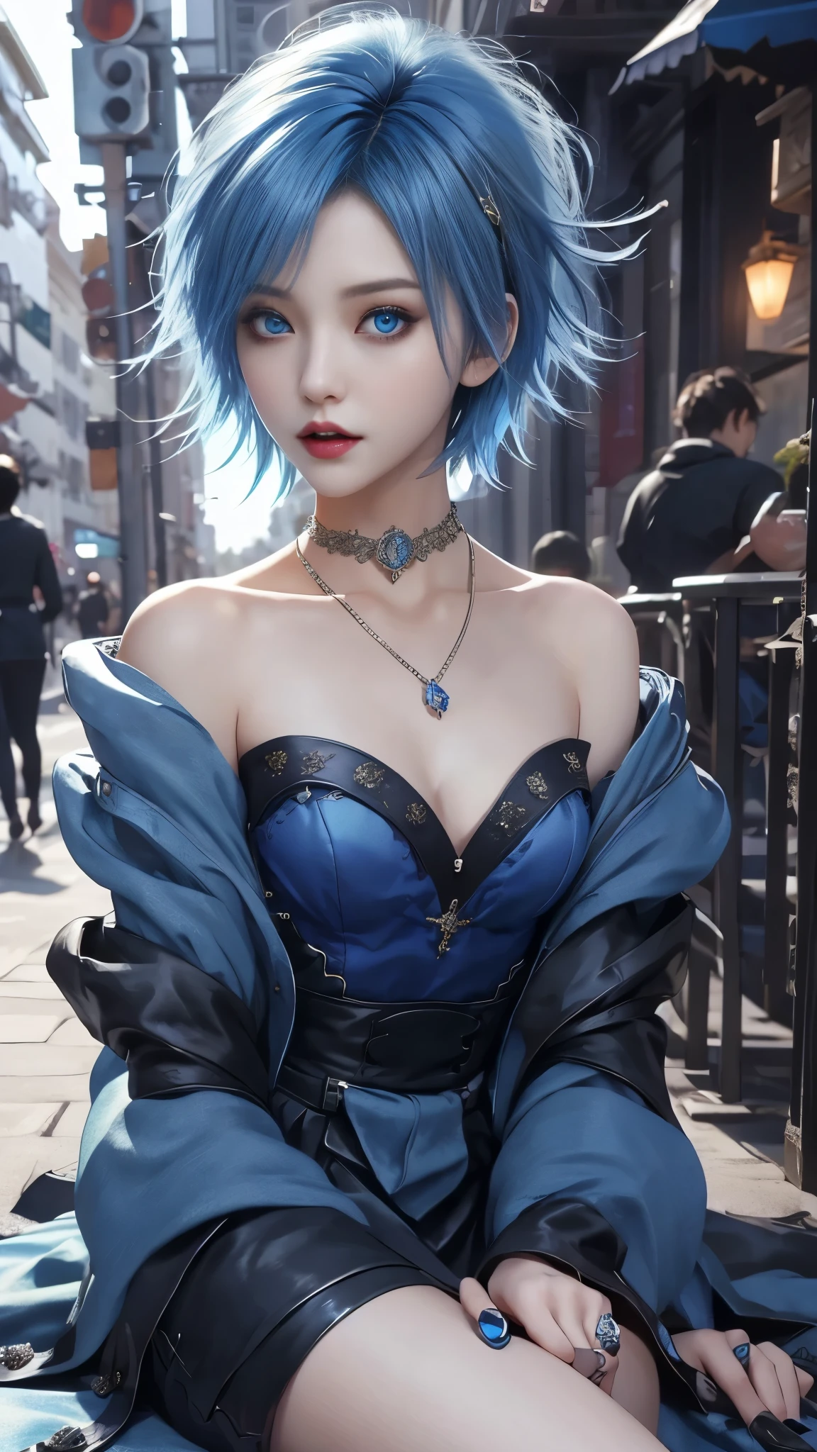 masterpiece, top-quality, ((1womanl)), different blue color, finely eye and detailed face, intricate detailes, Casual black and blue attire, window, A smile, Happiness, tenderness, high-level image quality、selfee, Beautuful Women、tall、a small face, D-cups, The upper part of the body、nightfall, nighttime scene、𝓡𝓸𝓶𝓪𝓷𝓽𝓲𝓬、Korea person, Idol Photos, Model photo, k pop, Professional Photos, Vampires, Korean fashion in black and blue, Fedoman with necklace, inspired by Sim Sa-jeong, androgynous vampire, :9 detailed face: 8, extra detailed face, detailed punk hair, ((eyes are deialed)) baggy eyes, Seductive. Highly detailed, semi realistic anime, Vampires, hyperrealistic teen, Delicate androgynous princess, imvu, ((short hair woman)), blue hair woman with wild look, ((Woman with short blue hair)), ((1 persons)),