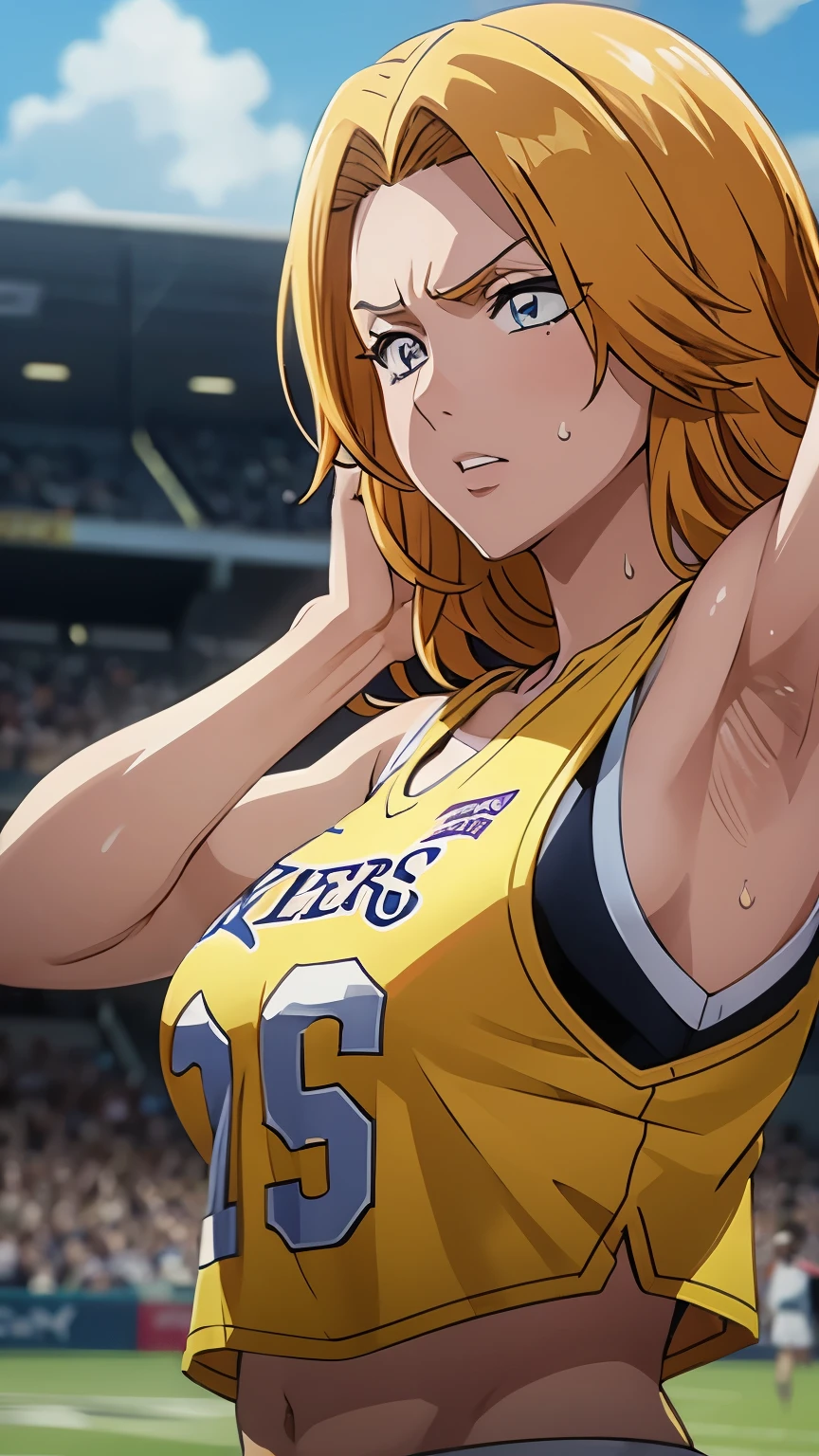 a close up of a person wearing a basketball uniform, a picture, inspired by Kentaro Miura, trending on pixiv, Rangiku Matsumoto, Bleach, wearing yellow nba jersey, yellow croptop nba jersey, wearing a low cut croptop, wearing croptop, croptop, the words "Lakers" written on the croptop, golden raito, (winking), shirobako, large)}], favorite scene, fine details. anime. skins, sweating, big breasts, both hands raised, armpits, armpits visible, dripping with sweat, more more sweat, sweaty armpits