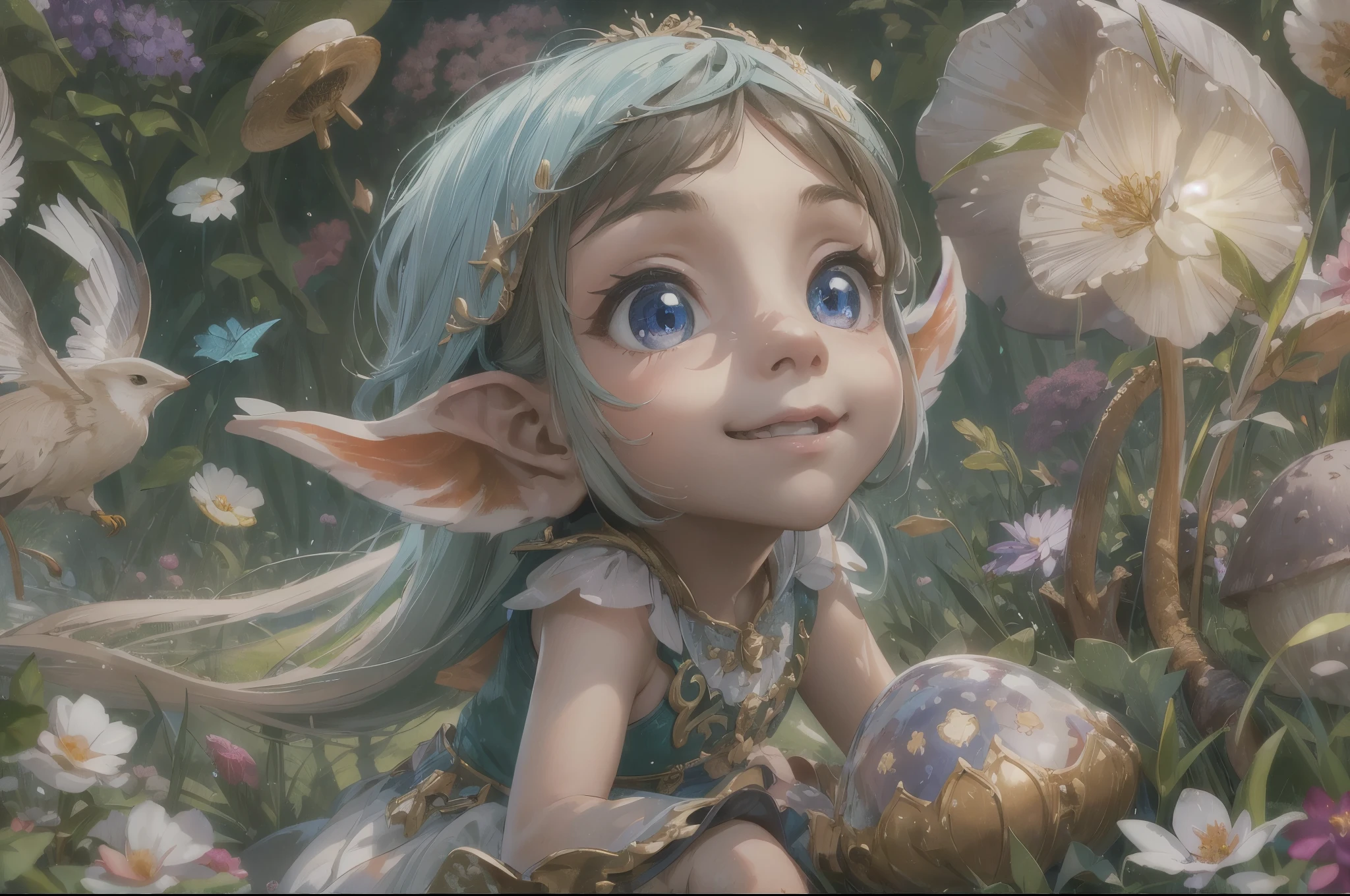 (best quality,4k,8k,highres,masterpiece:1.2),ultra-detailed,(realistic,photorealistic,photo-realistic:1.37)little elf, surrounded by fairies and points of light, in a flower field, lake, water, with mushrooms, and flying petals, magic, charm, next to a unicorn