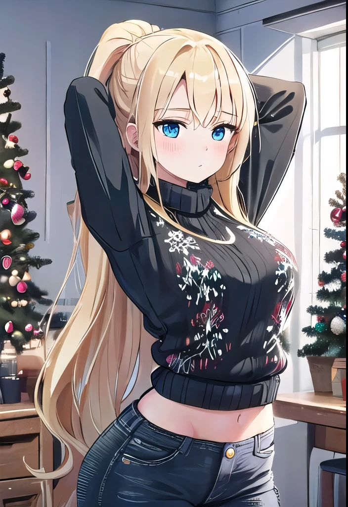 masterpiece,best quality,ultra detail,girl, 14 year old, black jeans, christmas sweater, christmas tree, blonde hair, blue eyes, long hair, arms up, blush, wide hips