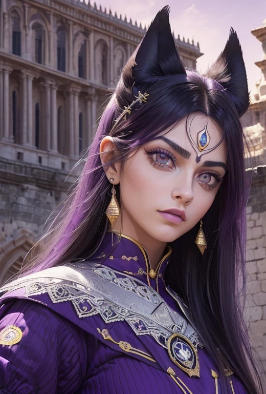 (Numerosas obras maestras premiadas, With incredible details), ((Cara extremadamente hermosa)), (rasgos faciales extremadamente realistas), ((Chica zorro)).(( Symmetrical purple eyes.)), (He has a meloncholic face), (Una vista majestuosa)( de fondo el palacio del manantial)