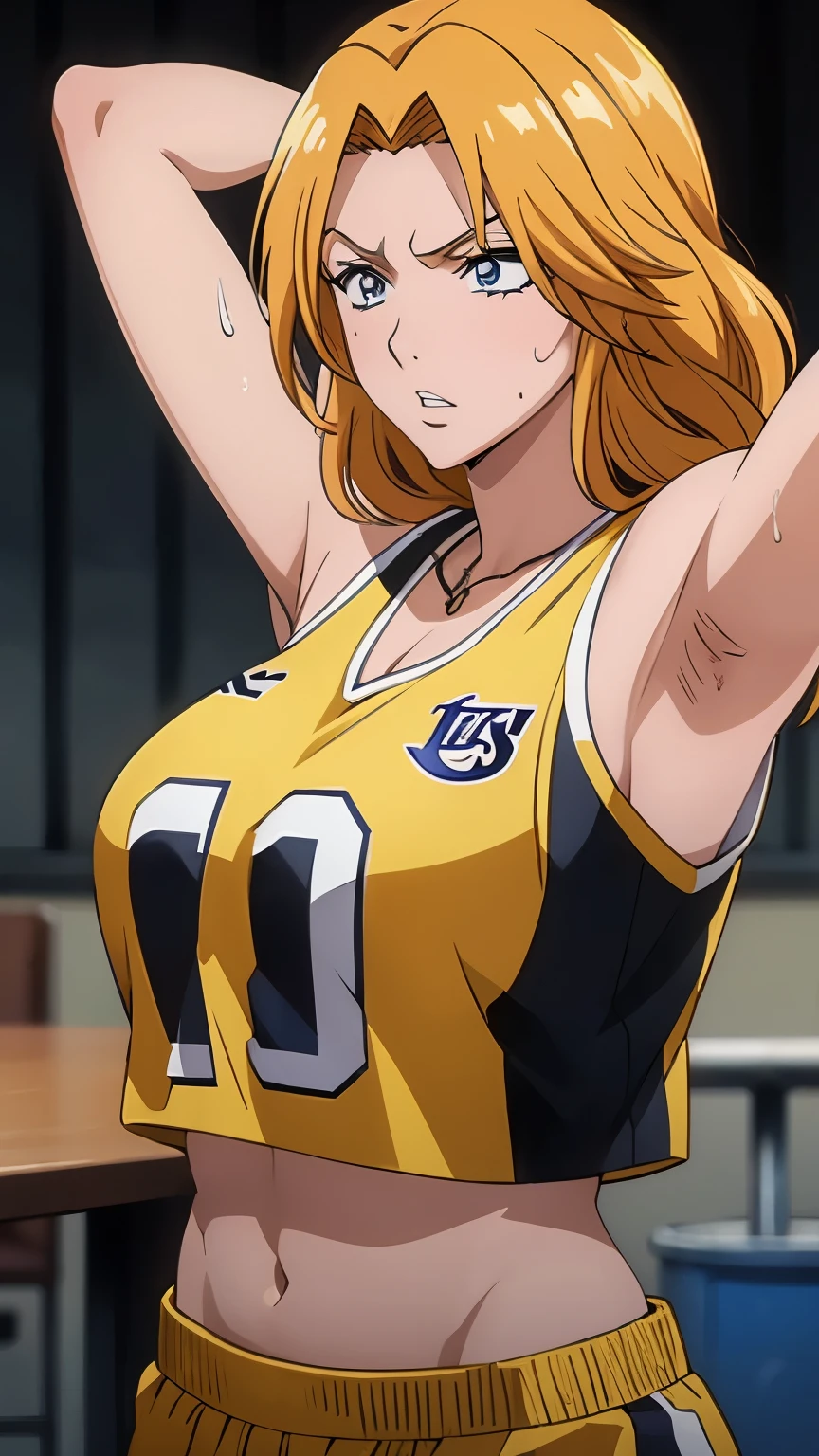 a close up of a person wearing a basketball uniform, a picture, inspired by Kentaro Miura, trending on pixiv, Rangiku Matsumoto, Bleach, wearing yellow nba jersey, yellow croptop nba jersey, wearing a low cut croptop, wearing croptop, croptop, the words "Lakers" written on the croptop, golden raito, (winking), shirobako, large)}], favorite scene, fine details. anime. skins, sweating, big breasts, both hands raised, armpits, armpits visible, dripping with sweat, more more sweat, sweaty armpits