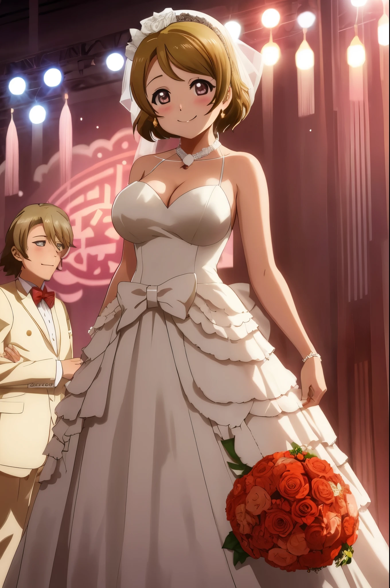 Koizumi hanayo, wedding dress,big breasts, standing , cowboy shot , smile 