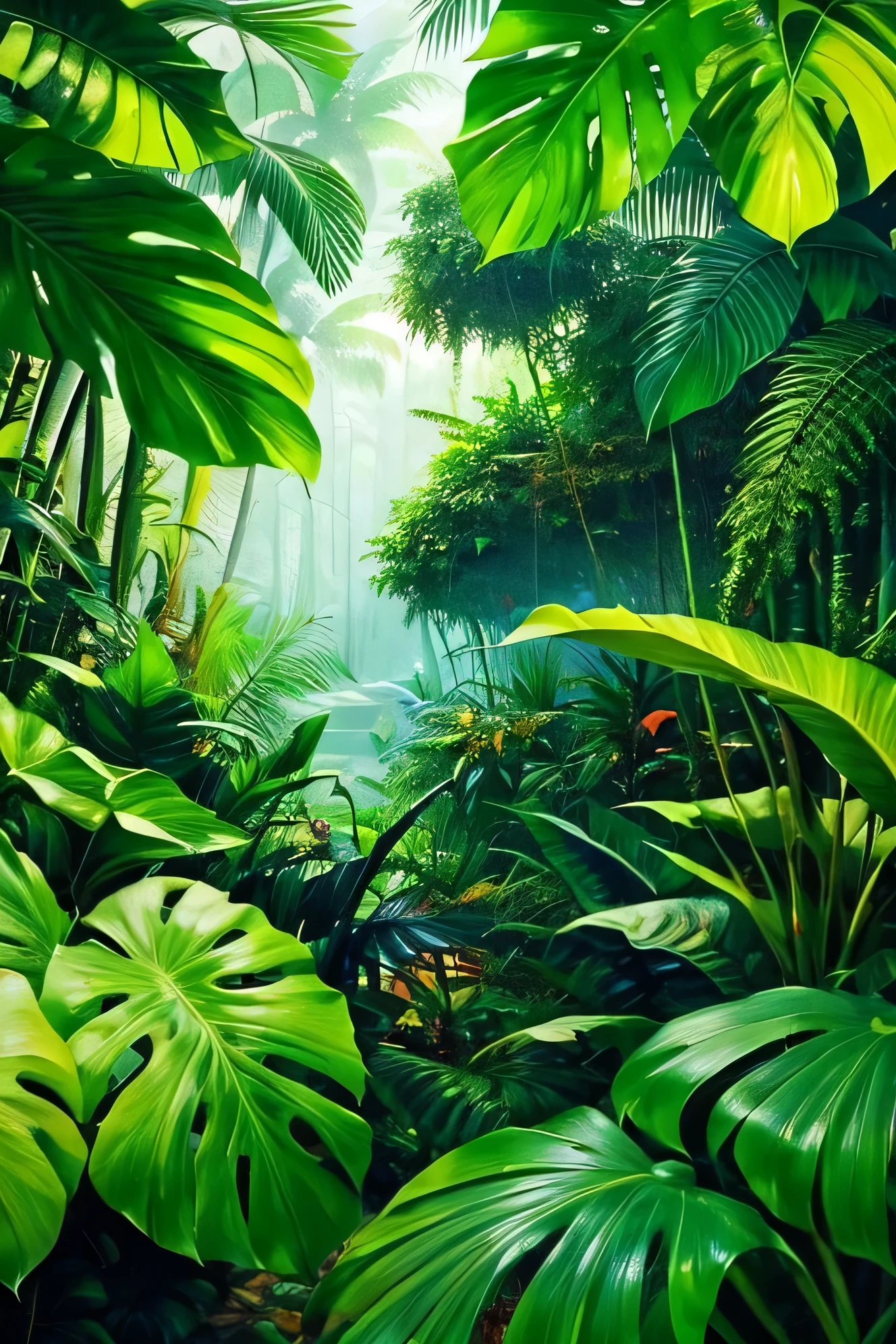 Beautiful hyper-realistic and super-detailed background that shows the vegetation of a tropical jungle with exotic, large-leaved plants,