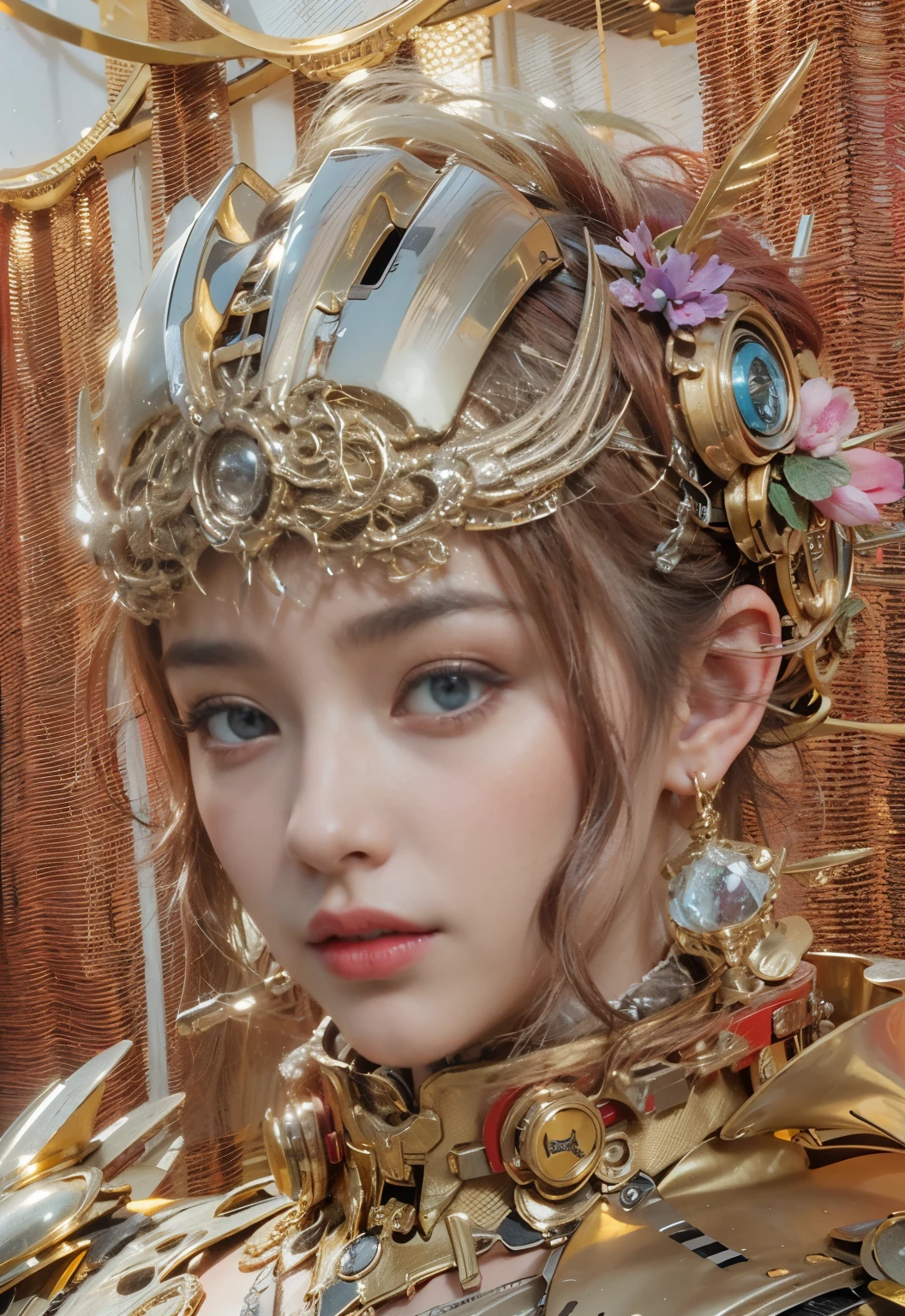 (top-quality:1.2, masterpiece)、ultra high resolution、extremely ultra surrealism, (Photorealsitic:1.4)、Raw photo、Steampunk Battle Cyborg fallen angel、large wings made of metal、black porcelain body、red hair、glowy skin、1 Cyborg boy、japanese, extremely handsome face, ((super realistic details))、portrait、globalillumination、Shadow、octan render、8K、ultrasharp、character edge light、Details of complex ornaments、Acrylic Clear Cover、Sumerian details、Ultra-realistic and precise machine details, Hydraulic cylinder、Small LED lamp、highly intricate detail、Realistic light、a purple eye、radiant eyes、Facing the camera、neon details、cowboy shot、Futuristic headgear、About Cyberpunk
