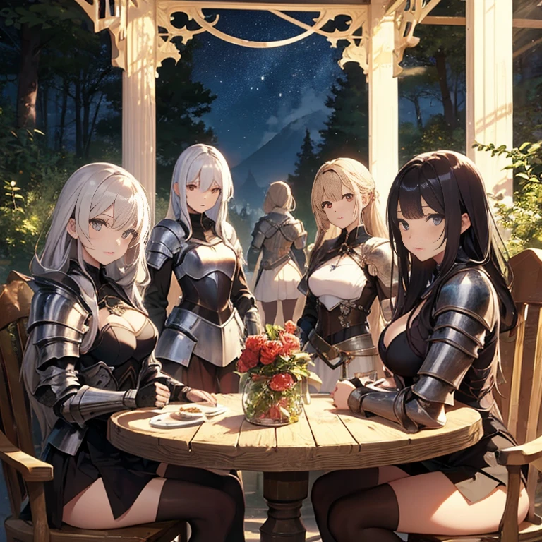 A group of  female knight, (in forest), various hair styles, harem, wearing armored clothes, metal armor, night, details face, , short skirt, seducing, sword 