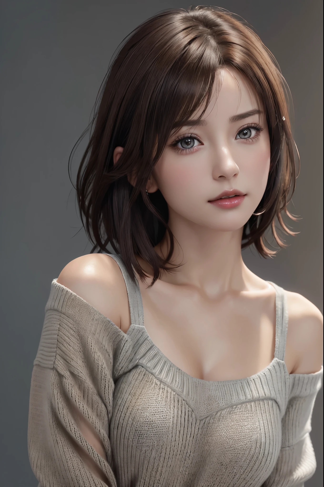 (Representative works: 1.3), (8K, realistic, RAW photo, best image quality: 1.4), (30 year old mature woman),small face, beautiful face, (realistic face),no makeup、natural makeup、light makeup、 (Dark brown, short hair: 1.3), beautiful hairstyle, realistic eyes, detailed and beautiful eyes, (realistic肌), beautiful skin, (sweater),、Bust A cup、 confused, charm, 超High resolution, Super realistic, High resolution, golden ratio, ff tifa、gray background、