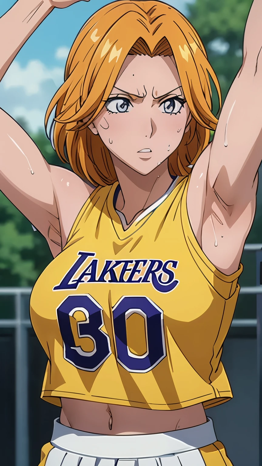 a close up of a person wearing a basketball uniform, a picture, inspired by Kentaro Miura, trending on pixiv, Rangiku Matsumoto, Bleach, wearing yellow nba jersey, yellow croptop nba jersey, wearing a low cut croptop, wearing croptop, croptop, the words "Lakers" written on the croptop, golden raito, (winking), shirobako, large)}], favorite scene, fine details. anime. skins, sweating, big breasts, both hands raised, armpits, armpits visible, dripping with sweat, more more sweat, sweaty armpits