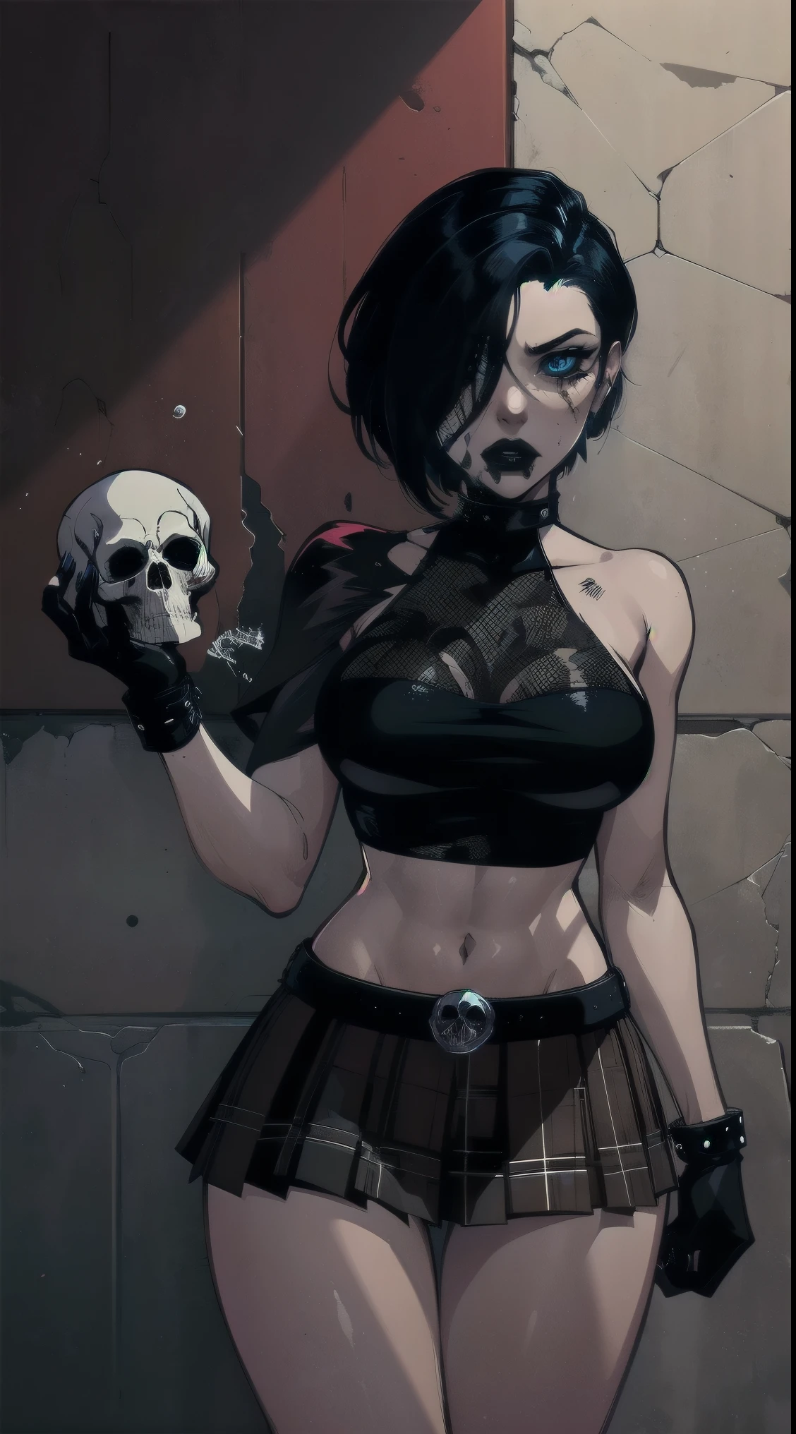 a woman with short black hair, hair on shoulders, wearing a black cropped and plaid skirt, blue eyes, zombie art, gothic art, cute aesthetic with vibe, toon aesthetic, wearing red costume, wearing gothic accessories, look like Cassie Hack, whole body, holding a skull in his hand, horror background