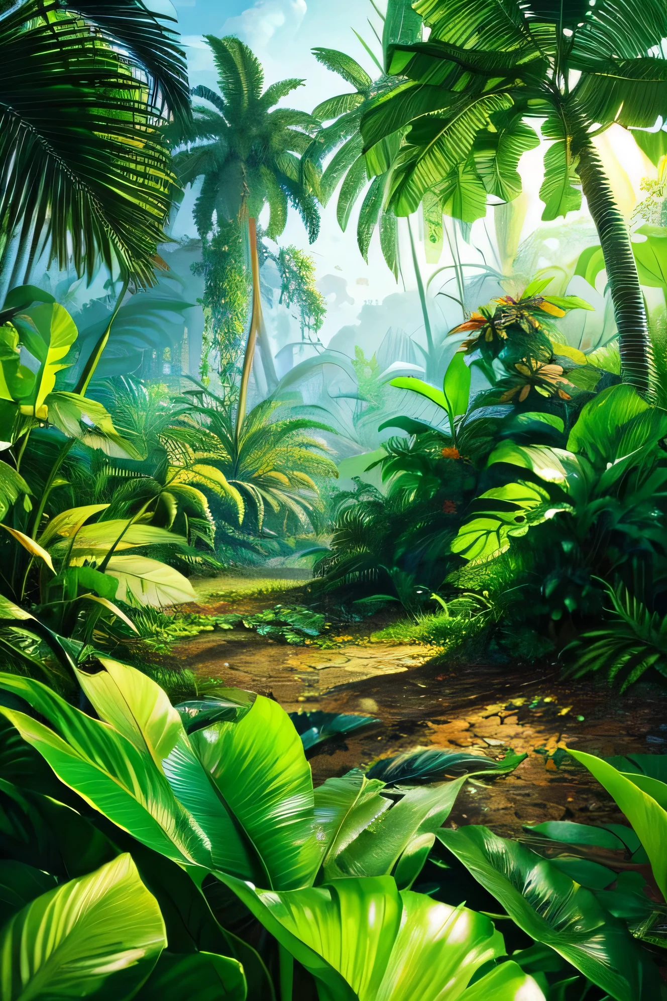 Beautiful hyper-realistic and super-detailed background that shows the vegetation of a tropical jungle with exotic, large-leaved plants,