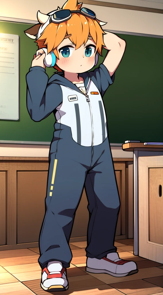 2D boy Shota，jumpsuit，Put the headphones on your head，standing，goggles，horns，cow ears，sports shoes，classroom，