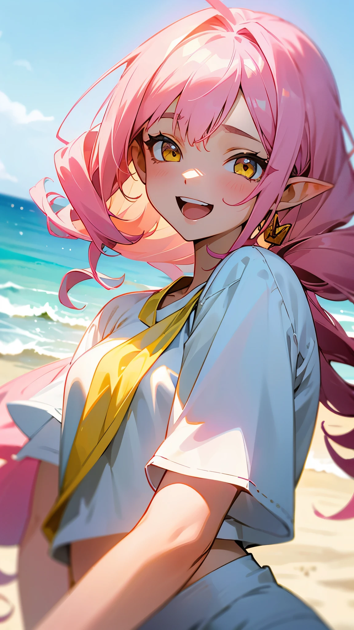  girl、long hair pink、twin drill, Bangs divided into left and right:1.5、yellow eyes、pointed ears、open your mouth and laugh、white t-shirt、white shorts、beach scenery、soft lighting、Summer mood、upper body close-up