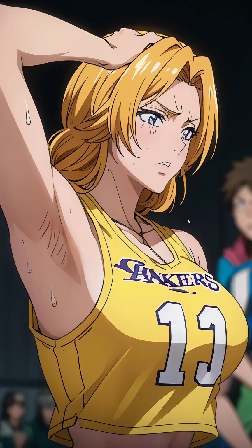 a close up of a person wearing a basketball uniform, a picture, inspired by Kentaro Miura, trending on pixiv, Rangiku Matsumoto, Bleach, wearing yellow nba jersey, yellow croptop nba jersey, wearing a low cut croptop, wearing croptop, croptop, the words "Lakers" written on the croptop, golden raito, (winking), shirobako, large)}], favorite scene, fine details. anime. skins, sweating, big breasts, both hands raised, armpits, armpits visible, dripping with sweat, more more sweat, sweaty armpits