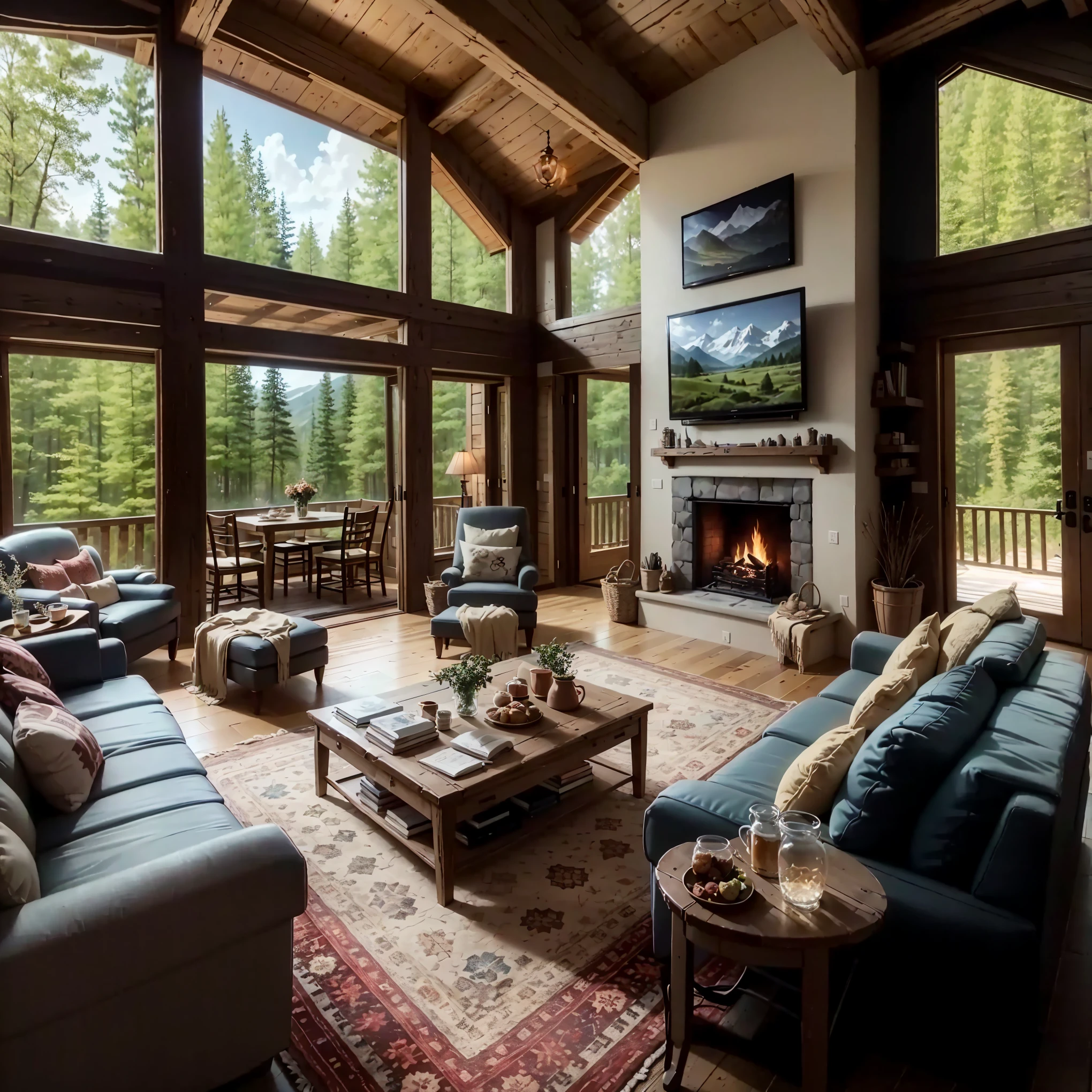 THIS EVENING WOODEN CABIN LIVING ROOM ANIME BACKGROUND, (COZY ATMOSPHERE), (SUBTLE LIGHTING), BRIGHT STONE FIREPLACE FIRE, LIONSKIN RUG THIS EVENING BEST QUALITY, TRANSPARENT GLASS WINDOWS