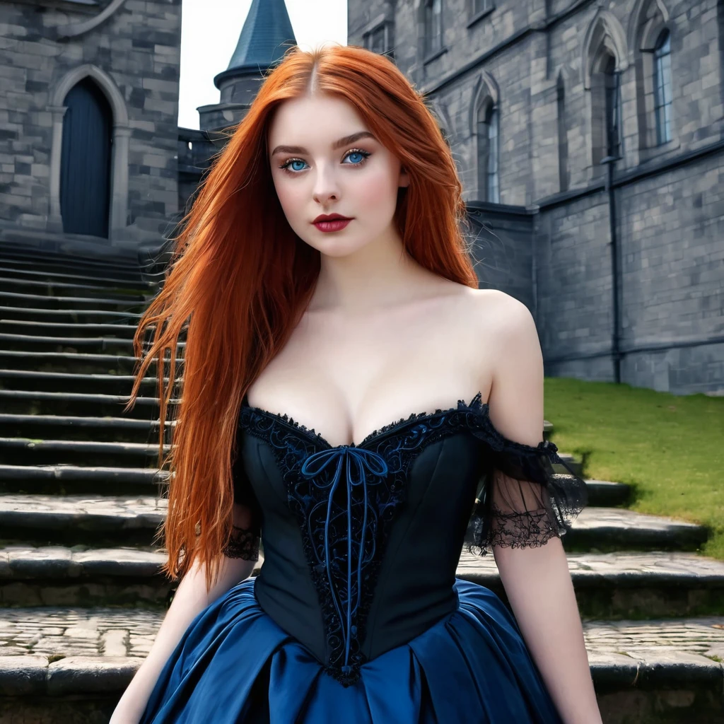 Portrait, best quality, Victorian style,
One girl, bright paint colors, young 20 years old, very beautiful, looking at the camera. A young woman stood on the steps of the main building. Long red hair, blue eyes, size 4 breasts, thin waist, athletic buttocks, long slender legs. Strong detailing, large breasts, gothic beautiful evening dress, noir, dark gothic, gothic castle, steps of the main castle building, stone walls, photorealism.