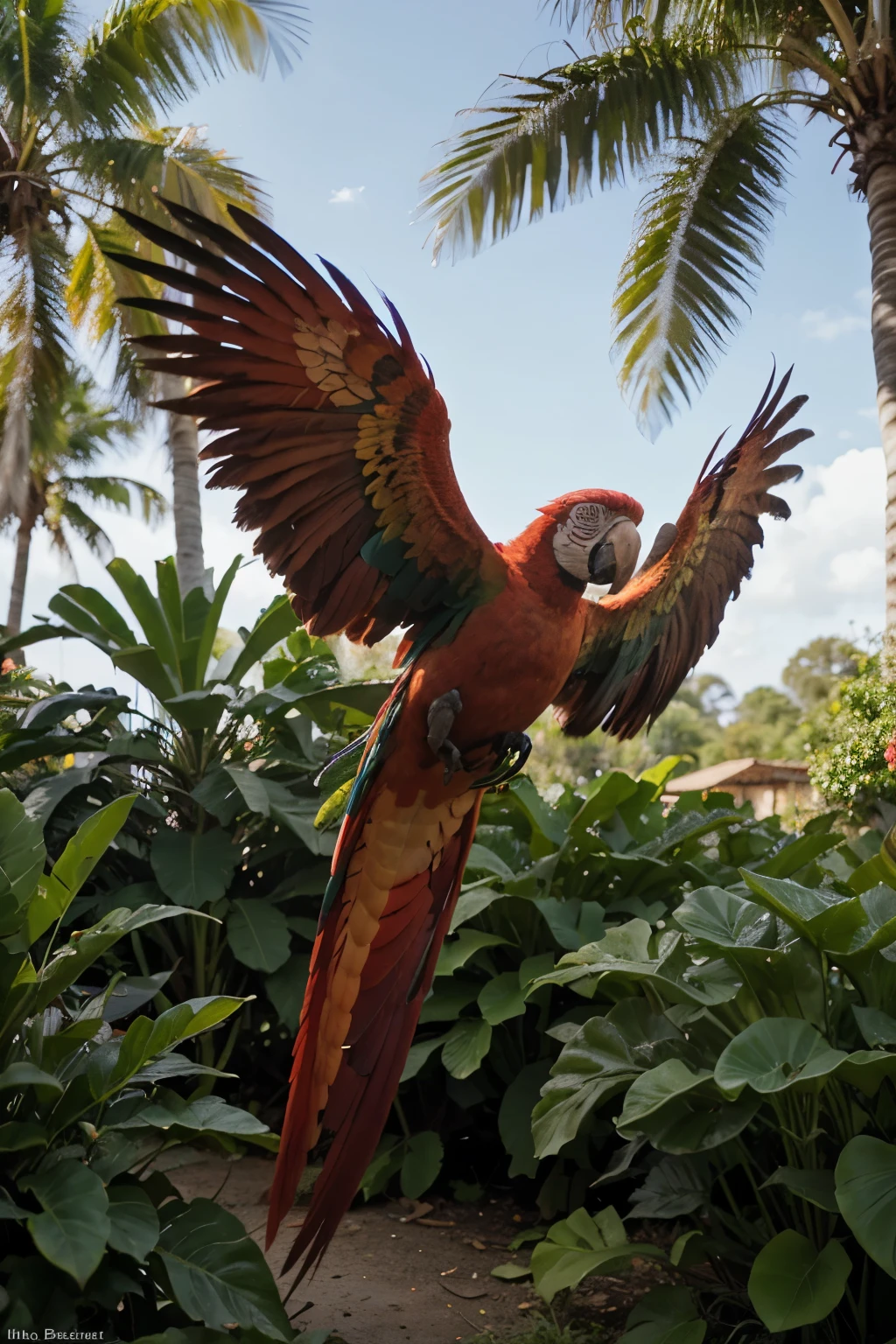 Drawing High resolution Red macaw flying, escena tropical, vegetacion hermosa, beautiful trees