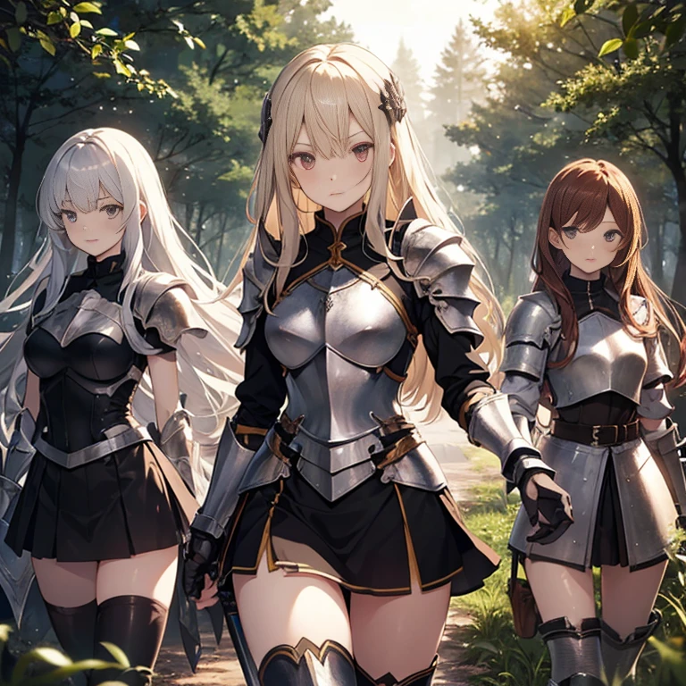 A group of female knight, (in forest), various hair styles, harem, wearing armored clothes, metal armor, night, details face, , short skirt, seducing, sword