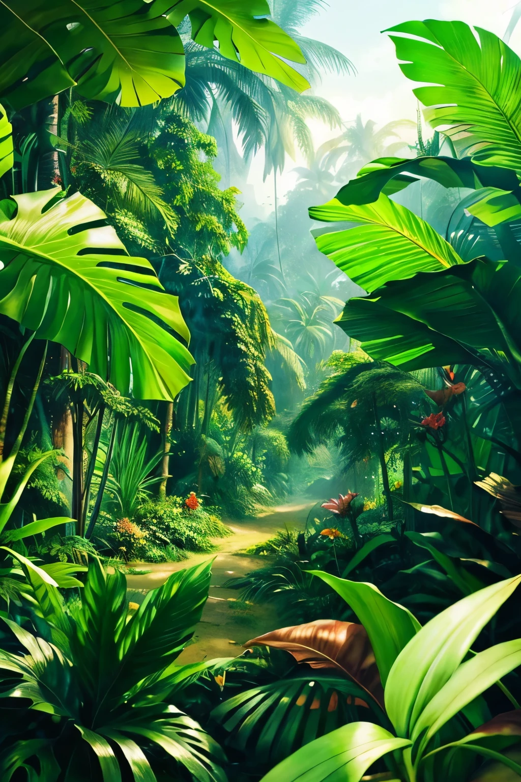 Beautiful hyper-realistic and super-detailed background that shows the vegetation of a tropical jungle with exotic, large-leaved plants,