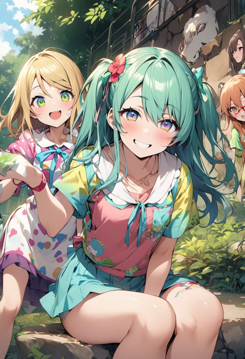 high detail、anatomically correct、Three or more girls、Gradient colored eyes、smile、I came to visit the zoo