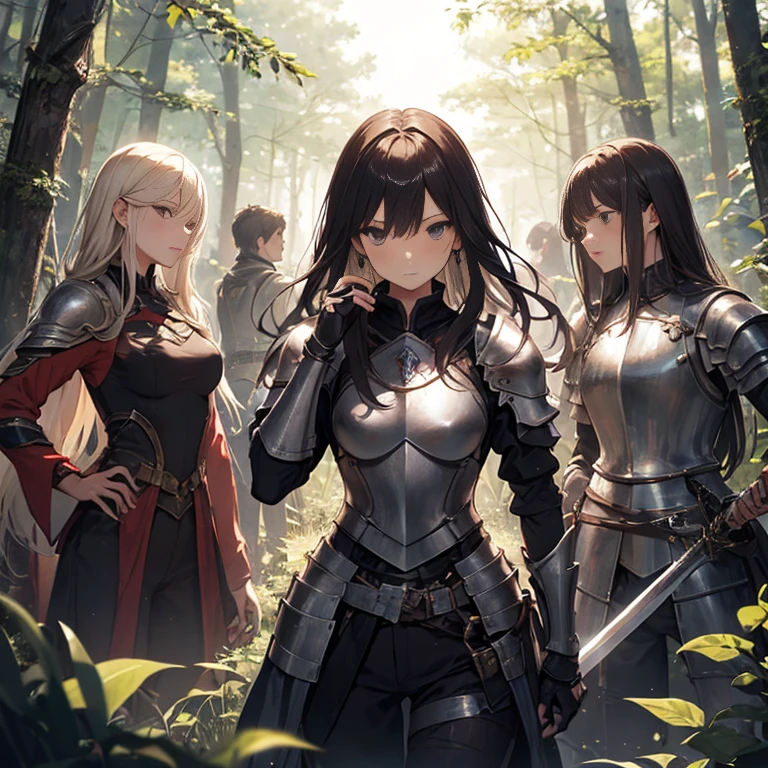 A group of female knights, (in forest), various hair styles, harem, wearing armored clothes, metal armor, night, details face, trousers, seducing, sword,