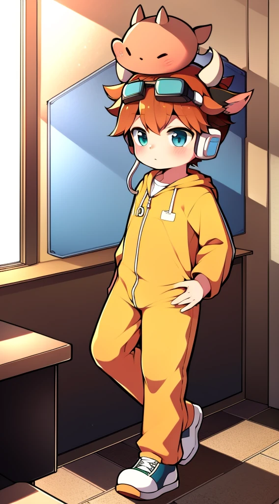 2D boy Shota，jumpsuit，Put the headphones on your head，standing，goggles，horns，cow ears，sports shoes，classroom，