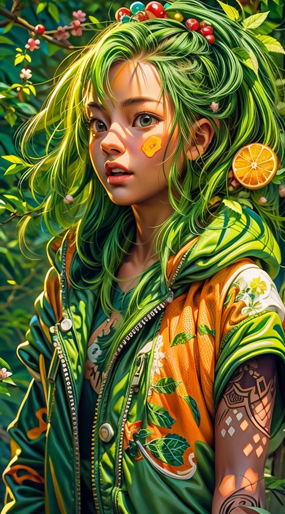 (1 open-faced girl, very cute). (green:1.5, orange:1.1, white:1.3, yellow:1.3), (very sexy female rapper with dreadlocks), (tattoos), (naked body parts), (down jacket: 1 ,2), (Naked jacket, thong, shorts, short T-shirt). (fractal, cherry blossoms, green leaves, fog, circles background).

