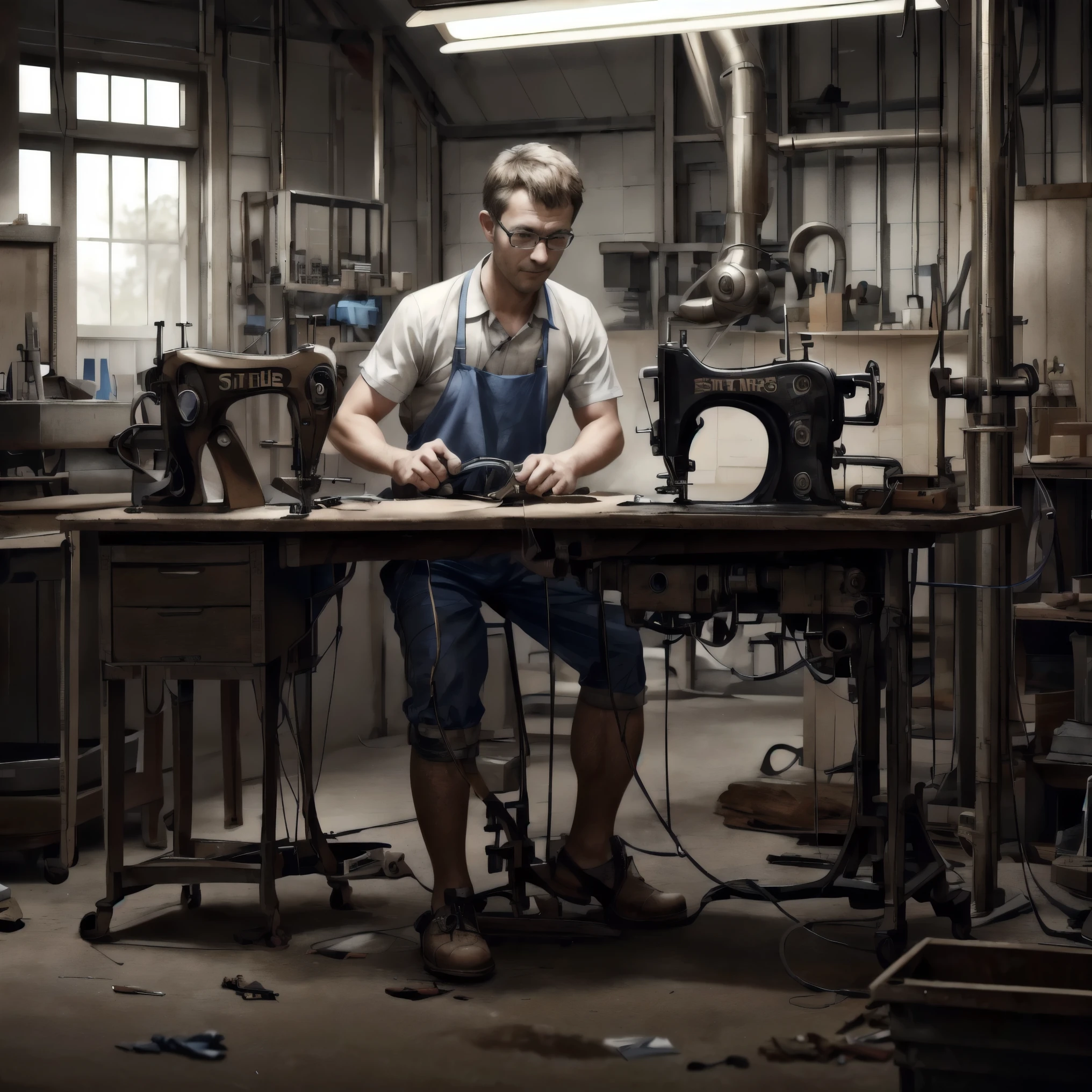 An technician repairing a sewing machine for footwear in a 4k high-quality, realistic image, high defition on technician, nitide face. The scene includes detailed objects and a blurred background. The setting is in a factory, emphasizing the production process.