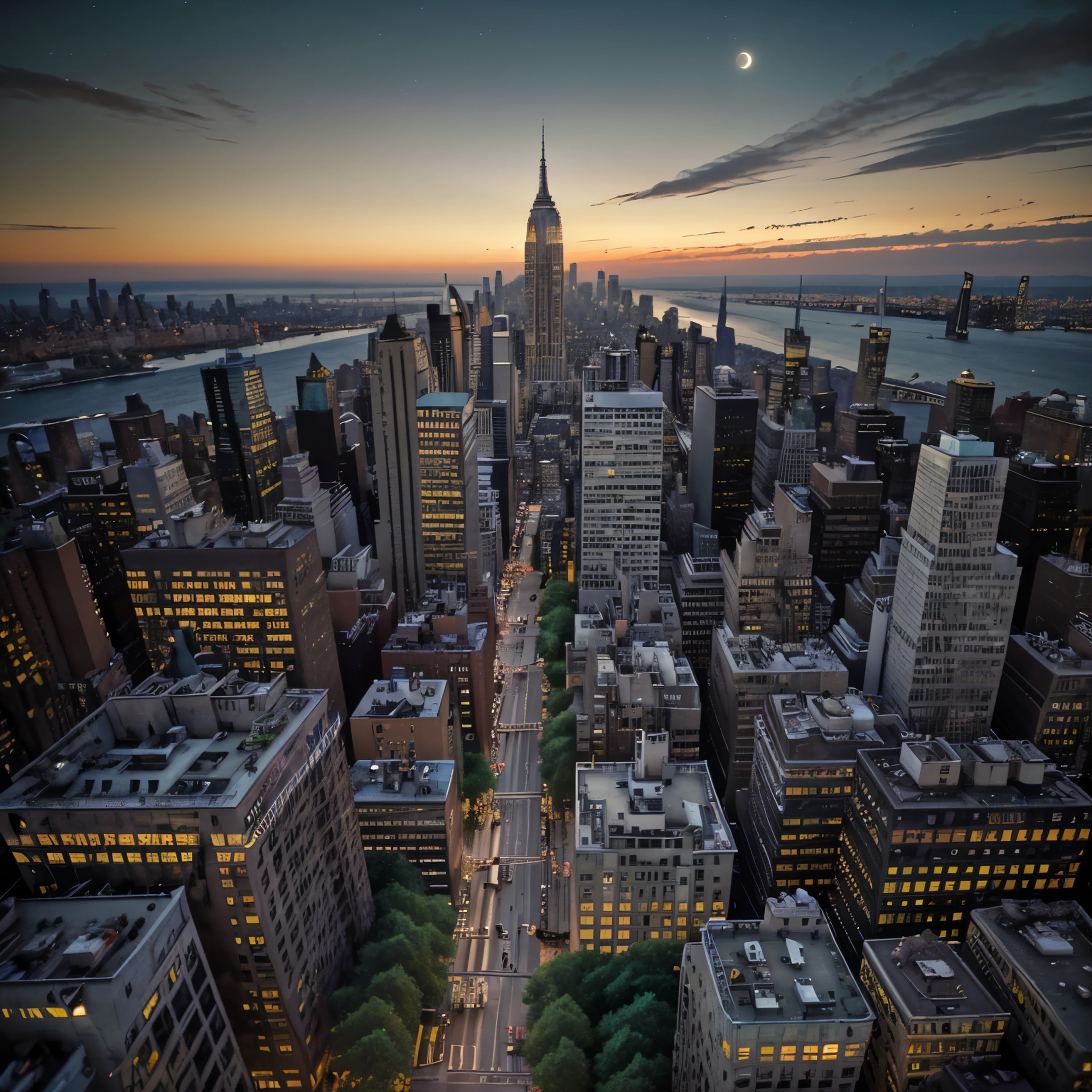 (best quality,4k,8k,highres,masterpiece:1.2),ultra-detailed,(realistic,photorealistic,photo-realistic:1.37),Incredible nighttime cityscape of New York City,skyscrapers towering into the dark sky,gleaming lights reflecting on the Hudson River,majestic bridges connecting the city's boroughs,hustle and bustle of Times Square at its peak,magical ambiance created by the brightly lit billboards,hundreds of yellow taxis rushing through the streets,starlit sky peeking through the towering buildings,peaceful moon casting a gentle glow on the city,streets filled with people from all walks of life,posing for a photo in front of the iconic Empire State Building,peaceful oasis in Central Park,its lush greenery contrasting with the concrete jungle,impressive architecture of the historic Flatiron building,stunning panoramic view from the top of the Rockefeller Center,captivating skyline captured from the Brooklyn Bridge,neon lights of Broadway illuminating the city that never sleeps,vivid colors of street art adorning the walls of the Lower East Side,hidden gems of Greenwich Village,with its cozy cafes and jazz clubs,serenity of the High Line Park,located on an elevated railway line,offering a unique perspective of the cityscape,dream-like atmosphere of the famous New York Public Library,its grandeur and elegance standing the test of time,iconic street food vendors selling hot dogs and pretzels,adding to the cultural tapestry of the city,energy and vibrancy found in every corner of the city that never fails to inspire.