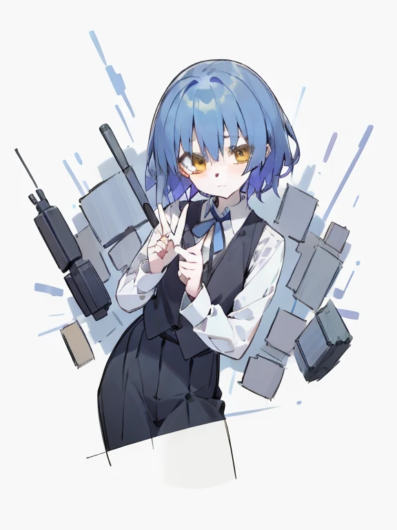 pale skin, Blue hair, black vest,jk,,, short hair, , alone,{{best quality}}, {{masterpiece}}, {{Super detailed}}, {illustration}, {detail light}, yellow eyes,white shirt,Biye gesture,Hands in front of the camera Holding Up The Index And Middle Fingers,The shot is from top to bottom,