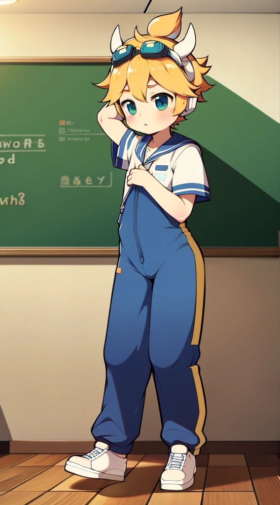 2D boy Shota,jumpsuit,Put the headphones on your head,standing,goggles,horns,cow ears,sports shoes,classroom,