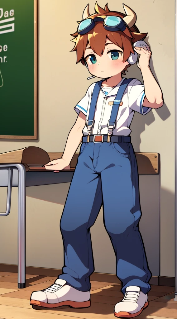 2D boy Shota，jumpsuit，Put the headphones on your head，standing，goggles，horns，cow ears，sports shoes，classroom，
