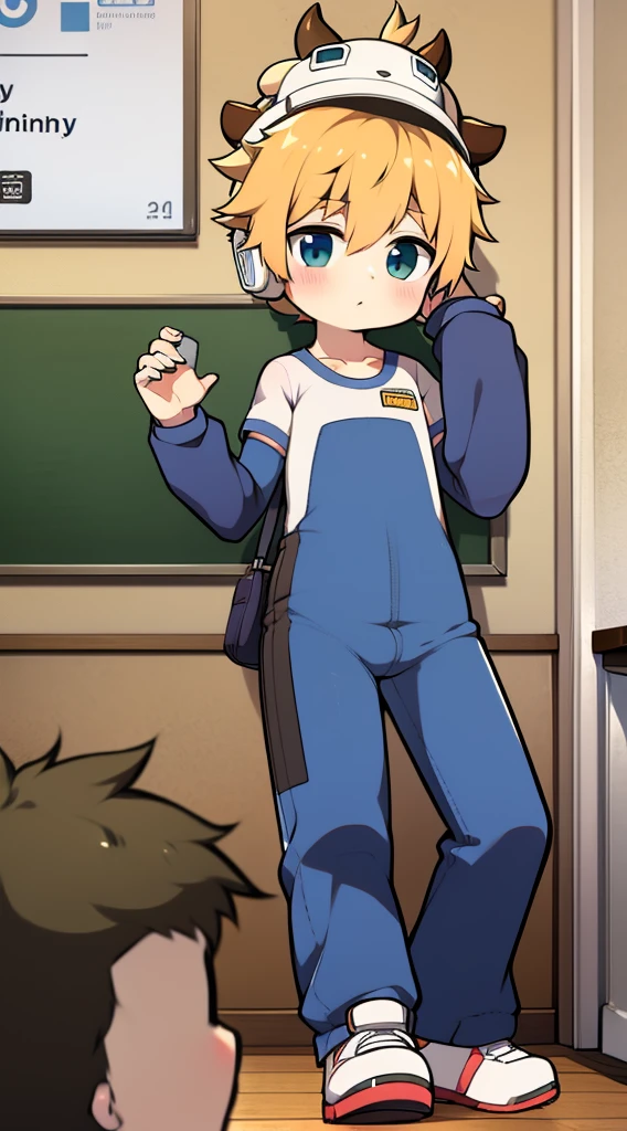 2D Boy Shota，One-piece mountaineering suit，Slim, healthy body，Put the headphones on your head，stand up，goggles，Rabbit ears，happy，Sailor collar，tie，Zipper pulled down，boots，hood，classroom，moan，blush，Raise your hands