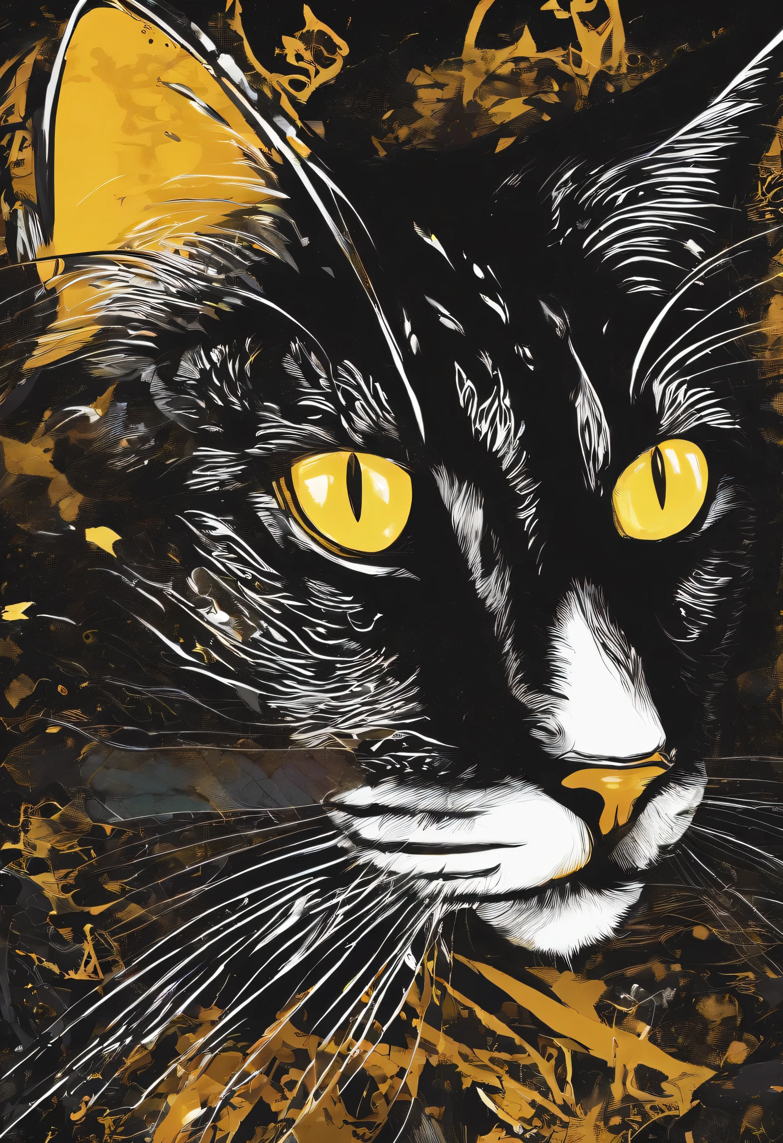 (best quality,highres,masterpiece:1.2),ultra-detailed,black cat,close-up of cat's bright yellow eyes,shiny black fur,graceful movements,feline elegance,sleek and beautiful female cat,piercing gaze,curious expression,captivating beauty,shadowy figure,pouncing on unseen prey,mesmerizing agility,nighttime silhouette,soft moonlight illuminating the cat's outline,stray cat with mysterious aura,wild instincts,strong contrast between darkness and cat's fur,soft, velvety texture,casting a spell with its mysterious presence,emerald-green collar with a tiny silver bell,reflecting moonlight,distinctive silver whiskers,golden flecks in the fur,mesmerizing allure of the feline world,whiskers twitching with anticipation,stealthy hunter,mesmerized by the moon's glow,playing with moonbeams,stalking its prey with stealth and precision,vivid colors of the night,creating an enigmatic atmosphere,whispering secrets of the darkness,wild and untamed spirit.