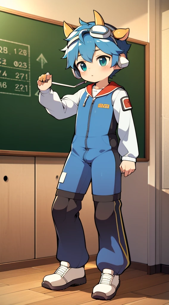 2D boy Shota,One-piece mountaineering suit,Put the headphones on your head,standing,goggles,horns,cow ears,sports shoes,classroom,