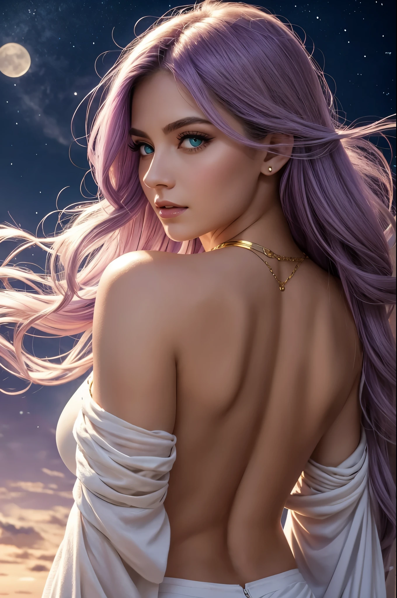 one American girl, realistic green eyes, long light purple lilac hair, large tits, large chest, cleavage, draped in white fabric with gold accessories, gold jewelry, high cheekbones, close up, masterpiece, best quality, looking at viewer from behind over the shoulder, plump lips, oriented to the left, purple sky with soft stars with bright large full moon directly behind woman, zoomed out