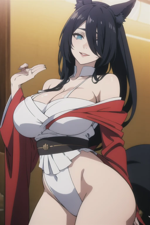 mature women,milf,large breast,beautiful face,long hair, shiny hair, blue eyes,high detailed,black hair, hair over one eye,masterpiece,cowboy shot,perfect anatomy,dynamic pose,cleaveage,off shoulder kimono, fox ears,red lips,sexy smile,jewelry,fox tail,