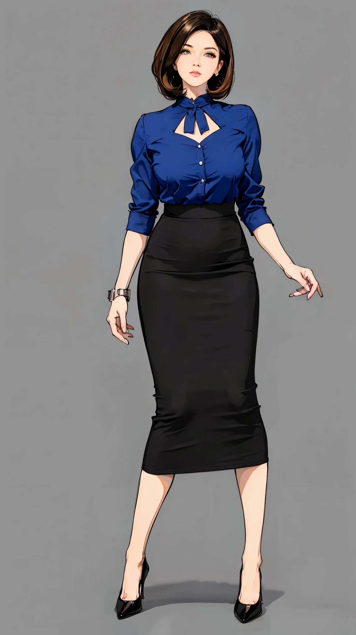 ((best quality,4k,highres,masterpiece:1.2)),((character concept art)), 1 female, 33-year-old university teacher, ((elegant, ethereal beauty)), brunette hair, (fair skin colour), ultra finely detailed eyes (hazel eyes colour), hot, intelligent, educational enthusiast, slim body build, ((intricate detail)), super finely detailed hands, ultra finely detailed fingers(((ten fingers))), wearing outfit:((form-fitting blouse, pencil skirt, heels)), (standing professionally), (full body showcase), (show full body), (no logos on background), (no logo), ((plain background)), ((plain background)), (((empty background)))