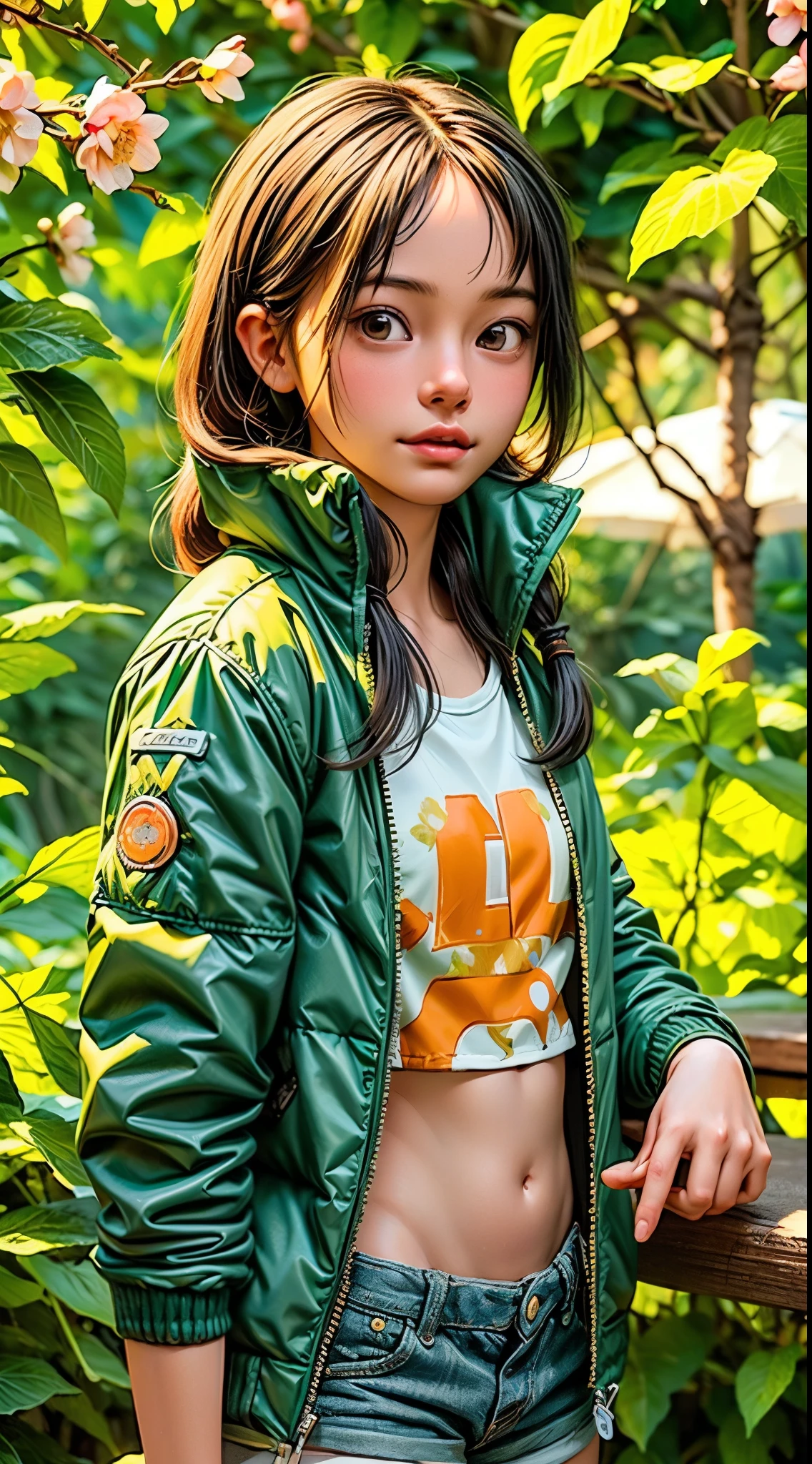 (1 open-faced girl, very cute). (green:1.5, orange:1.1, white:1.3, yellow:1.3), (very sexy female rapper with dreadlocks), (tattoos), (naked body parts), (down jacket: 1,2), (Naked jacket, thong, shorts, short T-shirt). (fractal, cherry blossoms, green leaves, fog, circles background).
