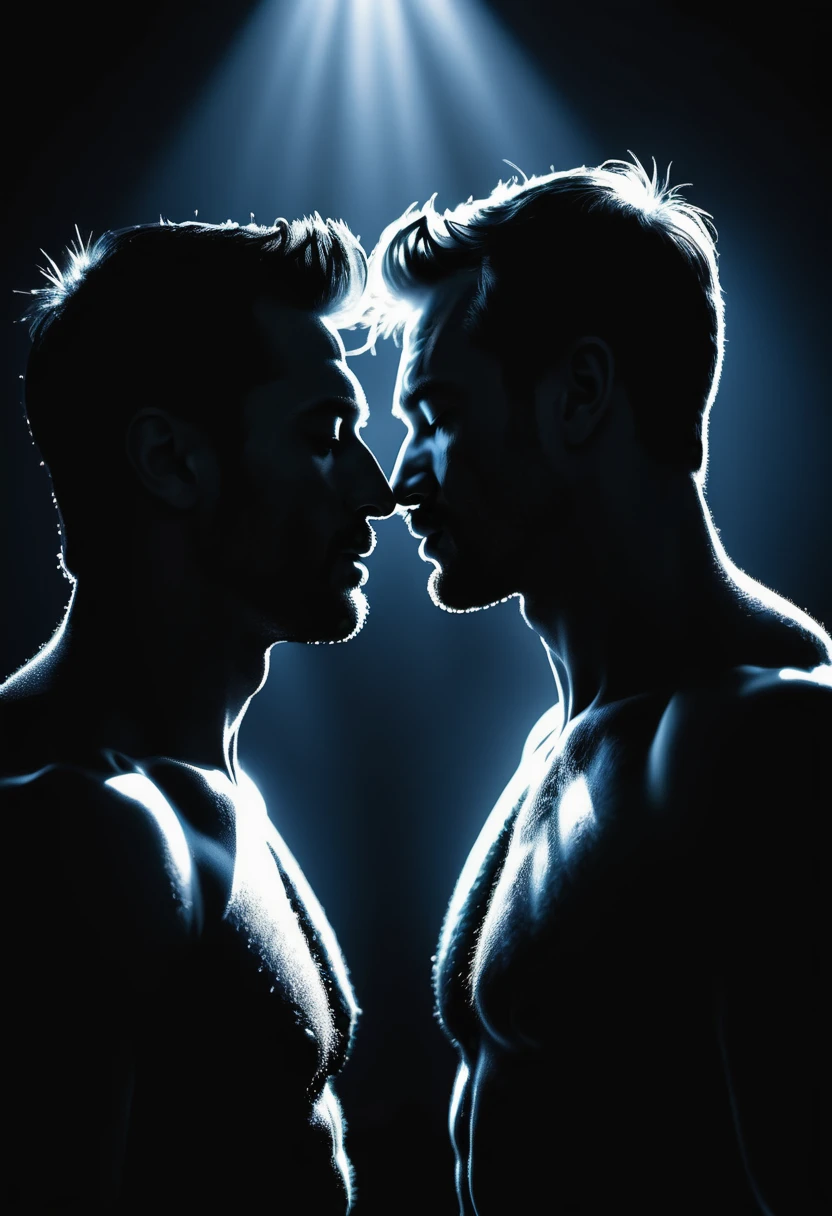 (highly detailed, soft light, photorealistic, dynamic light; cinematic) silhouette of two men standing close and kissing passionately, intimacy, light and shadows