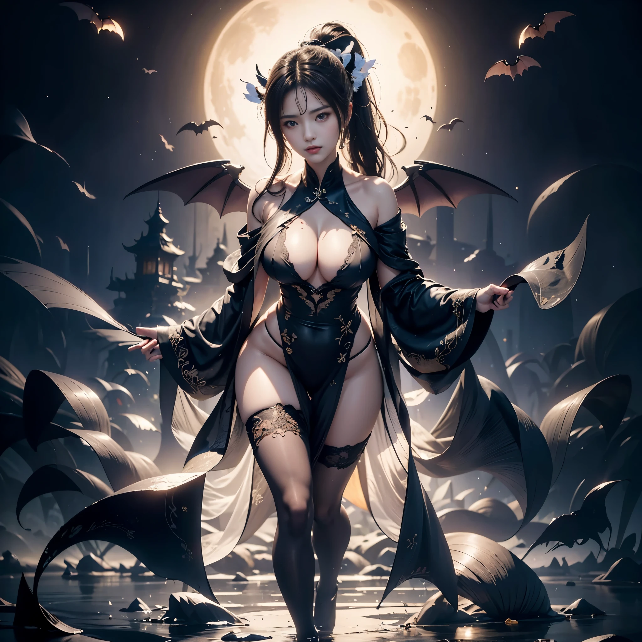 A woman with a high ponytail，A firm and mysterious face，A pair of bat-like wings grows on the back，The wings are broad and powerful，The dark black feathers shine faintly in the moonlight。She was wearing a tight black leather jacket，Outlining her perfect body curves，at the same time展现出她的力量与速度。Her figure is strong and light，As if dancing with the wind，soar in the air。

Full body composition，You can pay attention to a woman’s body proportions and posture。The high ponytail hairstyle matches her flying movements，Showing her dynamism and vitality。The spread of the bat&#39;s wings forms a graceful curve with her body，form a picture。The tights clung to her skin，Highlighting her toned figure，at the same time与翅膀的羽毛形成鲜明的对比，Increased the layering of the picture。

On background processing，can describe a peaceful night，The moonlight falls on the woman&#39;s body，She was covered with a mysterious aura.。The air around her seemed to flow with her flying.，It creates a fantastic atmosphere。

Color-wise，Mainly dark black，Emphasize the mystery and depth of the night。at the same time，You can add some bright color elements appropriately，like moonlight、Reflections on wings, etc.，Add a splash of color to the picture，Makes the overall visual effect more attractive。

also，The details are also crucial。Can emphasize the delicate texture of women’s skin，and the texture and sheen of the tights。The feathers on bat wings also need to be meticulous，Increase the realism and three-dimensionality of the picture。

Through such perfect prompt words，It can guide artists to better create a full-body composition full of mystery and movement.，Showing the heroic appearance and power of a woman&#39;s flying。