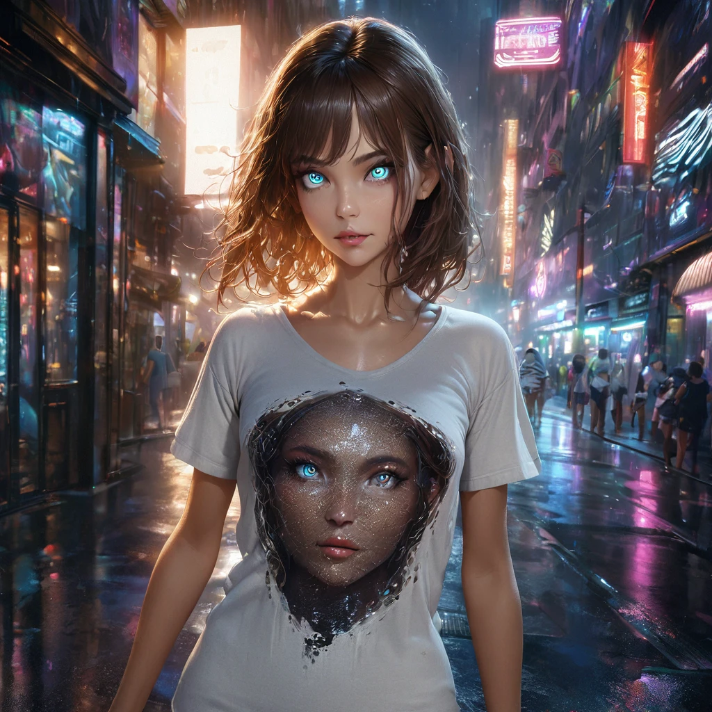 (Best quality, A high resolution, masterpiece :1.3), beautiful woman, a slim body, Dark brown hair, T-shirt, (Street in the city at night), Highly detailed face and skin texture, detailed eyes, double eyelid. dramatic lighting, ultra realistic, digital render. grunge aesthetic, intricate complexity, rendered in Unreal Engine for a photorealistic effect. unforgettable impression, enhanced by volumetric lighting, auras, rays, with vivid color reflections