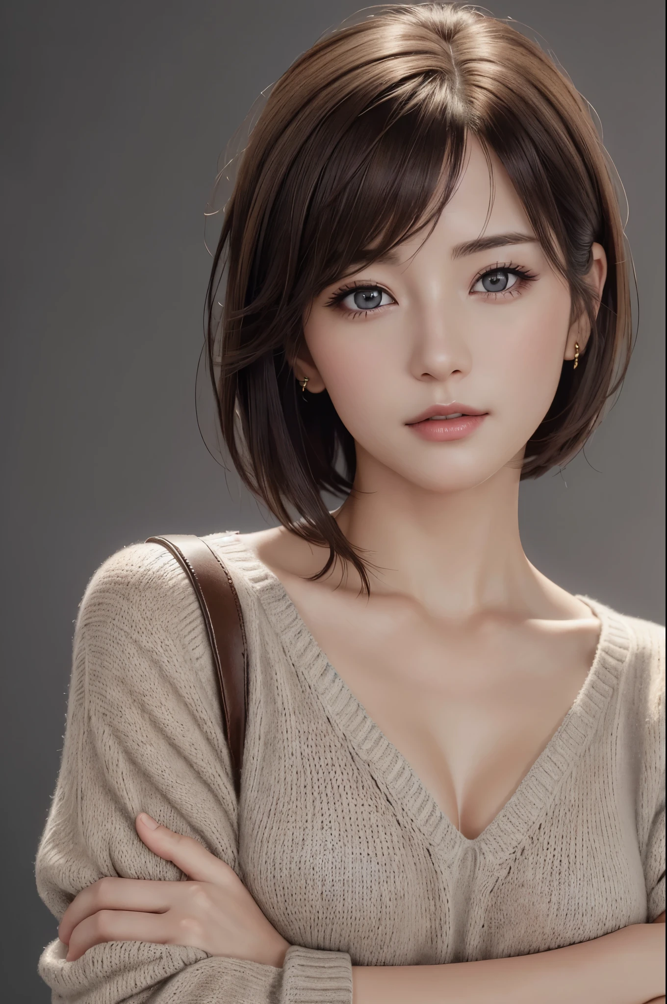 (Representative works: 1.3), (8K, realistic, RAW photo, best image quality: 1.4), (30 year old mature woman),small face, beautiful face, (realistic face),no makeup、natural makeup、light makeup、 (Dark brown, short hair: 1.3), beautiful hairstyle, realistic eyes, detailed and beautiful eyes, (realistic肌), beautiful skin, (sweater),、Bust A cup、 confused, charm, 超High resolution, Super realistic, High resolution, golden ratio, ff tifa、gray background、