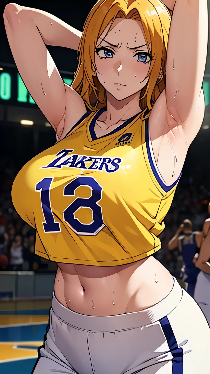 a close up of a person wearing a basketball uniform, a picture, inspired by Kentaro Miura, trending on pixiv, Rangiku Matsumoto, Bleach, wearing yellow nba jersey, yellow croptop nba jersey, wearing a low cut croptop, wearing croptop, croptop, the words "Lakers" written on the croptop, golden raito, (winking), shirobako, large)}], favorite scene, fine details. anime. skins, sweating, big breasts, both hands raised, armpits, armpits visible, dripping with sweat, more more sweat, sweaty armpits